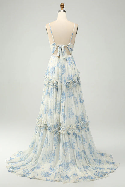 Wholesale A-Line Prom Dresses Spaghetti Straps Pleated White Blue Flower Maxi Dress