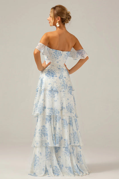 Wholesale A-Line Prom Dresses Spaghetti Straps Backless Print Maxi Dress White Blue Flower