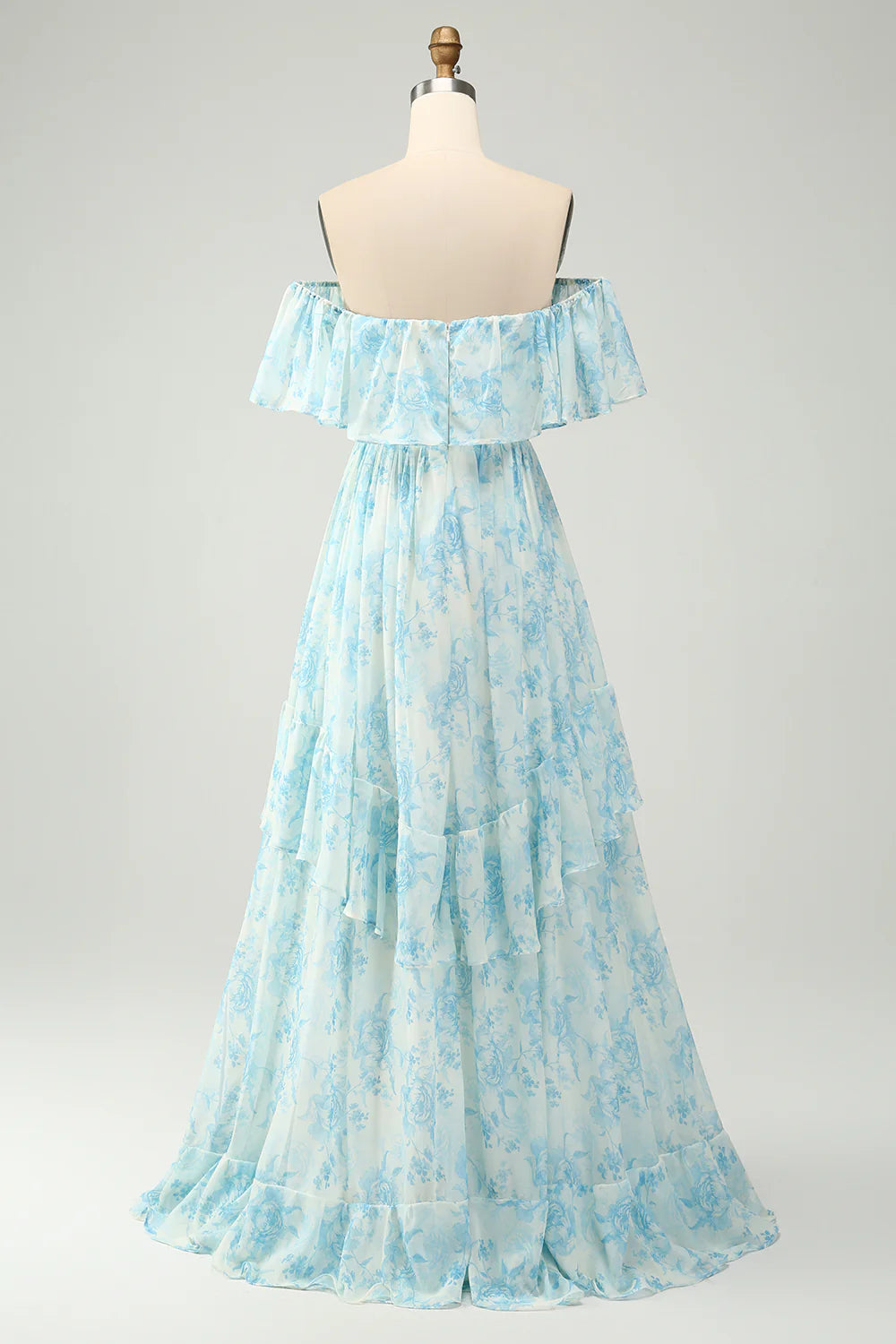 Wholesale A Line Prom Dresses Off The Shoulder Tiered White Blue Floral Maxi Dress