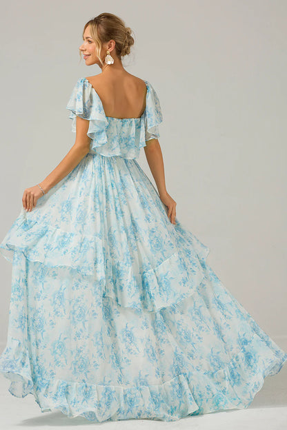 Wholesale Floral Print A Line Prom Dresses Off The Shoulder Tiered Maxi Dress White Blue