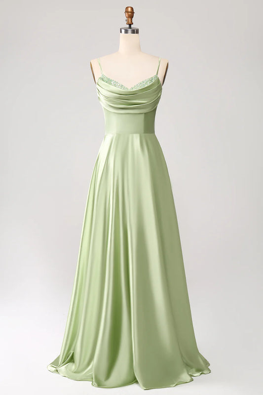 Wholesale A-Line Prom Dresses Cowl Neck Spaghetti Straps Maxi Dress With Sequins Green