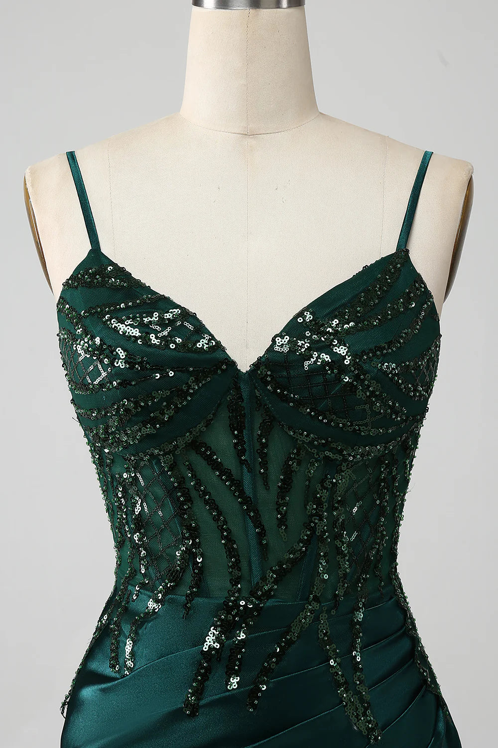 Wholesale Sparkly Dark Green Mermaid Sequin Pleated Corset Prom Dress With Slit