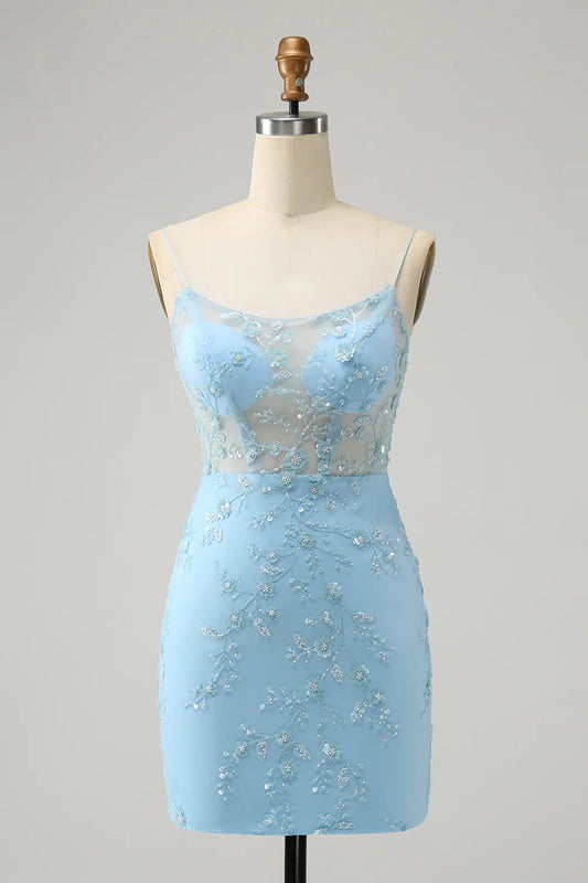 Wholesale Homecoming Dress Stylish Blue Bodycon Spaghetti Straps Lace Up Back with Sequins