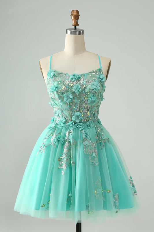 Wholesale Cute Green Short Homecoming Dress A Line Spaghetti Straps Corset with Appliques