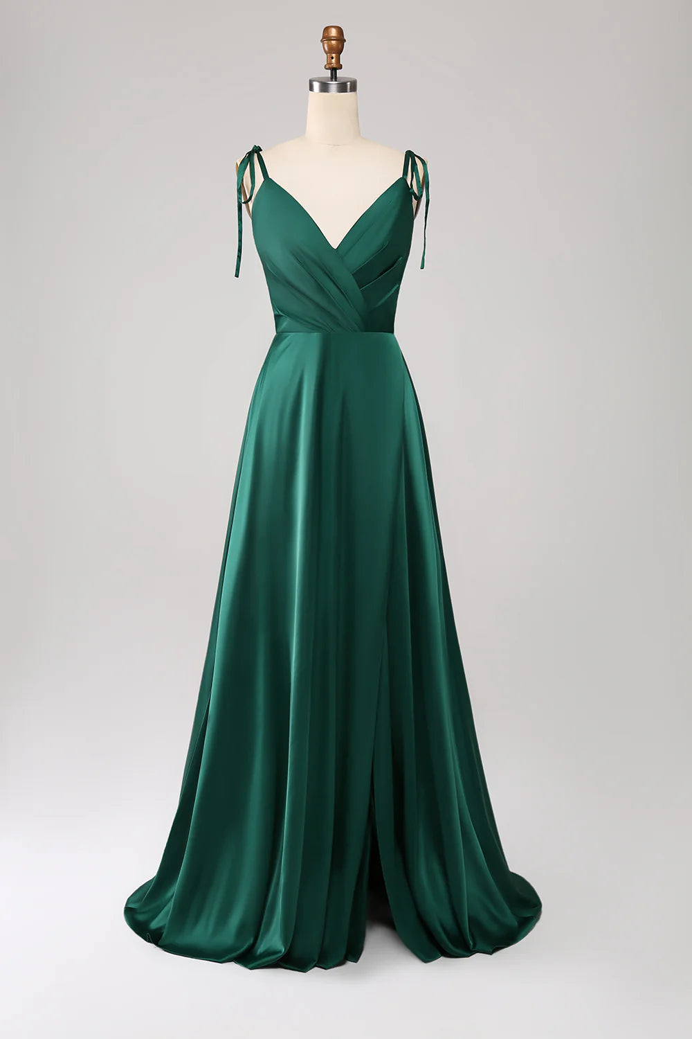 Wholesale A-Line Spaghetti Straps Pleated Satin Long Dark Green Maxi Dress With Slit