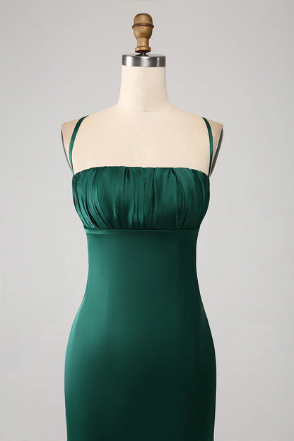 Wholesale Dark Green Mermaid Spaghetti Straps Satin Prom Dress with Pleated