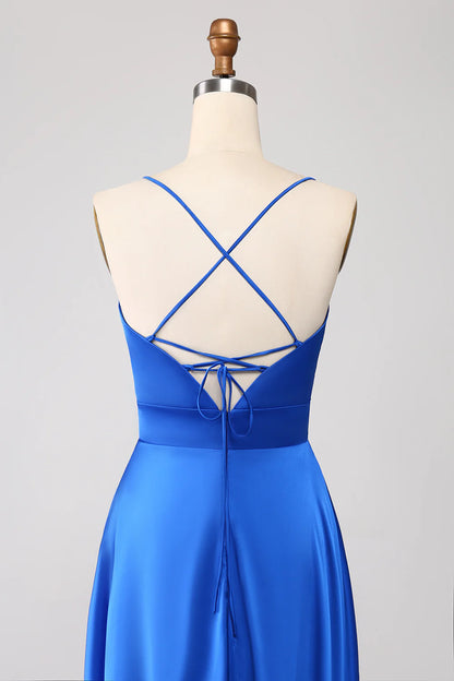 Wholesale Royal Blue A Line Spaghetti Straps Satin Prom Dress with Slit