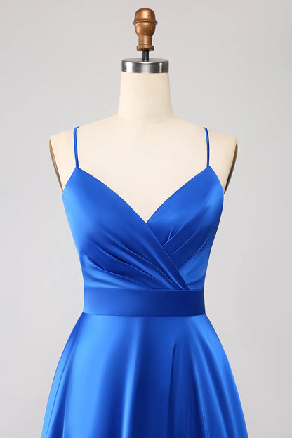 Wholesale Royal Blue A Line Spaghetti Straps Satin Prom Dress with Slit