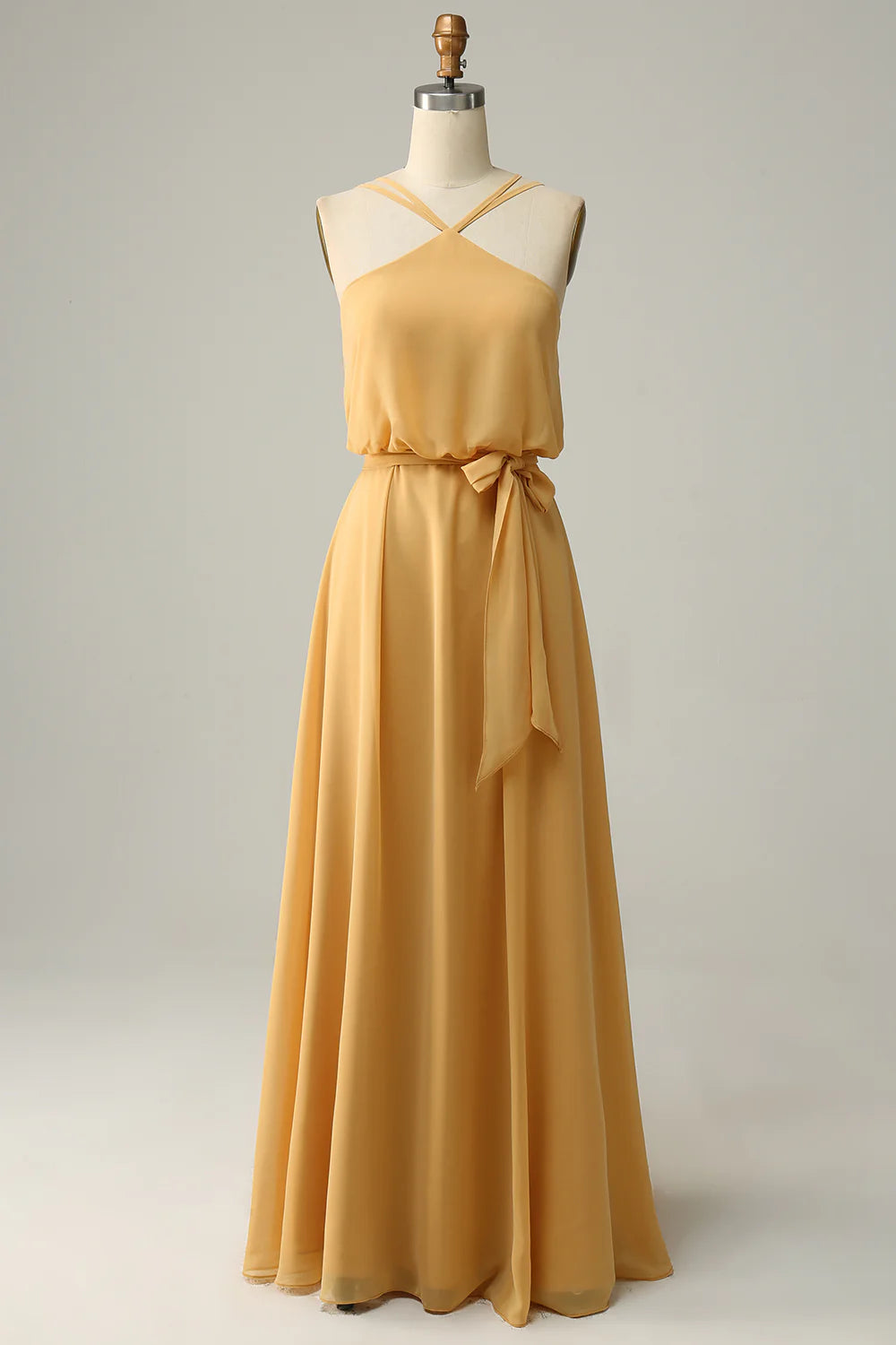 Wholesale A Line Halter Yellow Long Bridesmaid Dress with Bowknot