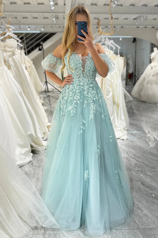 Wholesale Long Prom Dress A Line Tulle Off the Shoulder Lace Up With Appliques