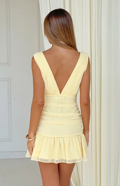Aimishang Chic Yellow V Neck A Line Sleeveless Ruched Short Summer Homecoming Dress Elegant Graduation Party Dress