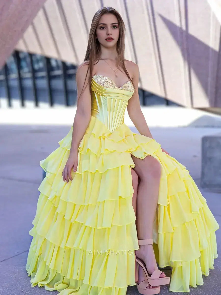 Aimishang Yellow Elegant A-Line Sweetheart Strapless Ruffle Layered Long Formal Prom Dress With Slit Charming Evening Gown Elegant Party Dress