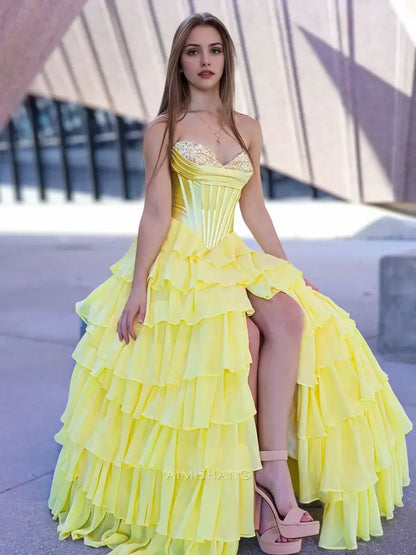 Aimishang Yellow Elegant A-Line Sweetheart Strapless Ruffle Layered Long Formal Prom Dress With Slit Charming Evening Gown Elegant Party Dress