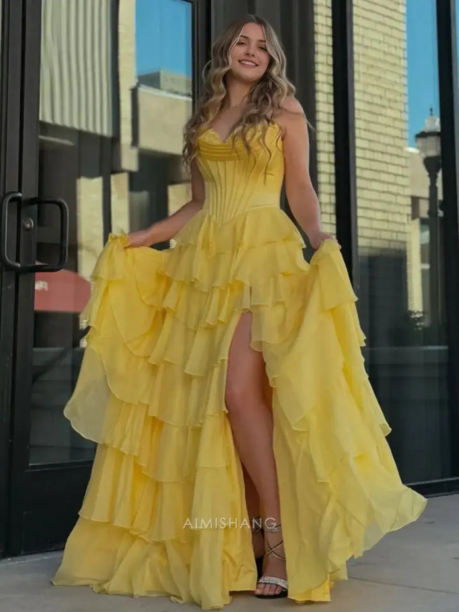 Aimishang Yellow Elegant A-Line Sweetheart Strapless Ruffle Layered Long Formal Prom Dress With Slit Charming Evening Gown Elegant Party Dress