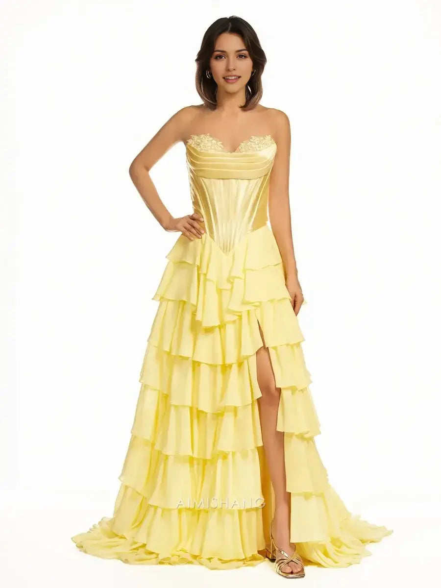 Aimishang Yellow Elegant A-Line Sweetheart Strapless Ruffle Layered Long Formal Prom Dress With Slit Charming Evening Gown Elegant Party Dress