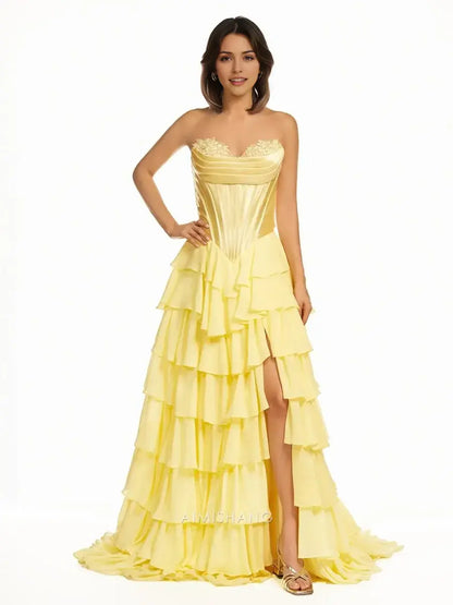 Aimishang Yellow Elegant A-Line Sweetheart Strapless Ruffle Layered Long Formal Prom Dress With Slit Charming Evening Gown Elegant Party Dress