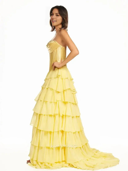 Aimishang Yellow Elegant A-Line Sweetheart Strapless Ruffle Layered Long Formal Prom Dress With Slit Charming Evening Gown Elegant Party Dress