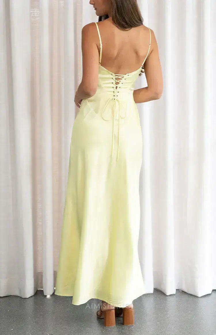 Aimishang Yellow Fashion Spaghetti Straps Sleeveless Lace-up Satin Prom Dress Long Formal Dress Simple Evening Party Dress