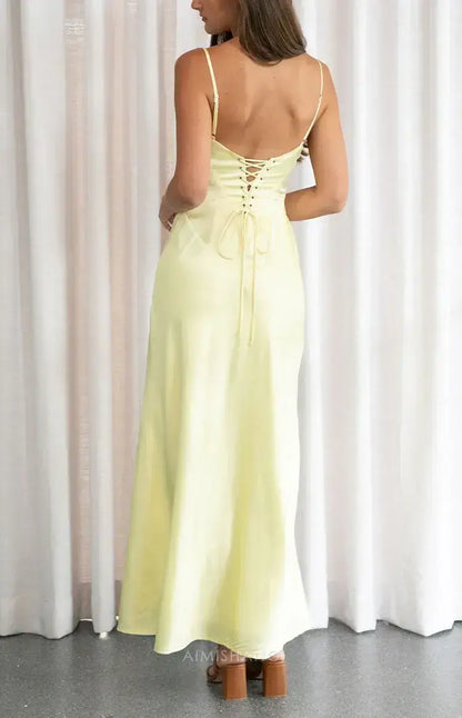 Aimishang Yellow Fashion Spaghetti Straps Sleeveless Lace-up Satin Prom Dress Long Formal Dress Simple Evening Party Dress