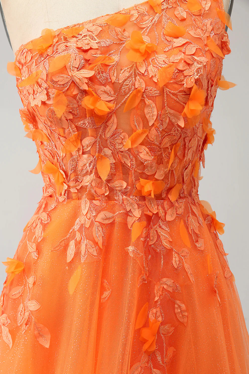 Wholesale A-Line Prom Dress One Shoulder Long Tulle Applique Evening Dress With Slit Orange