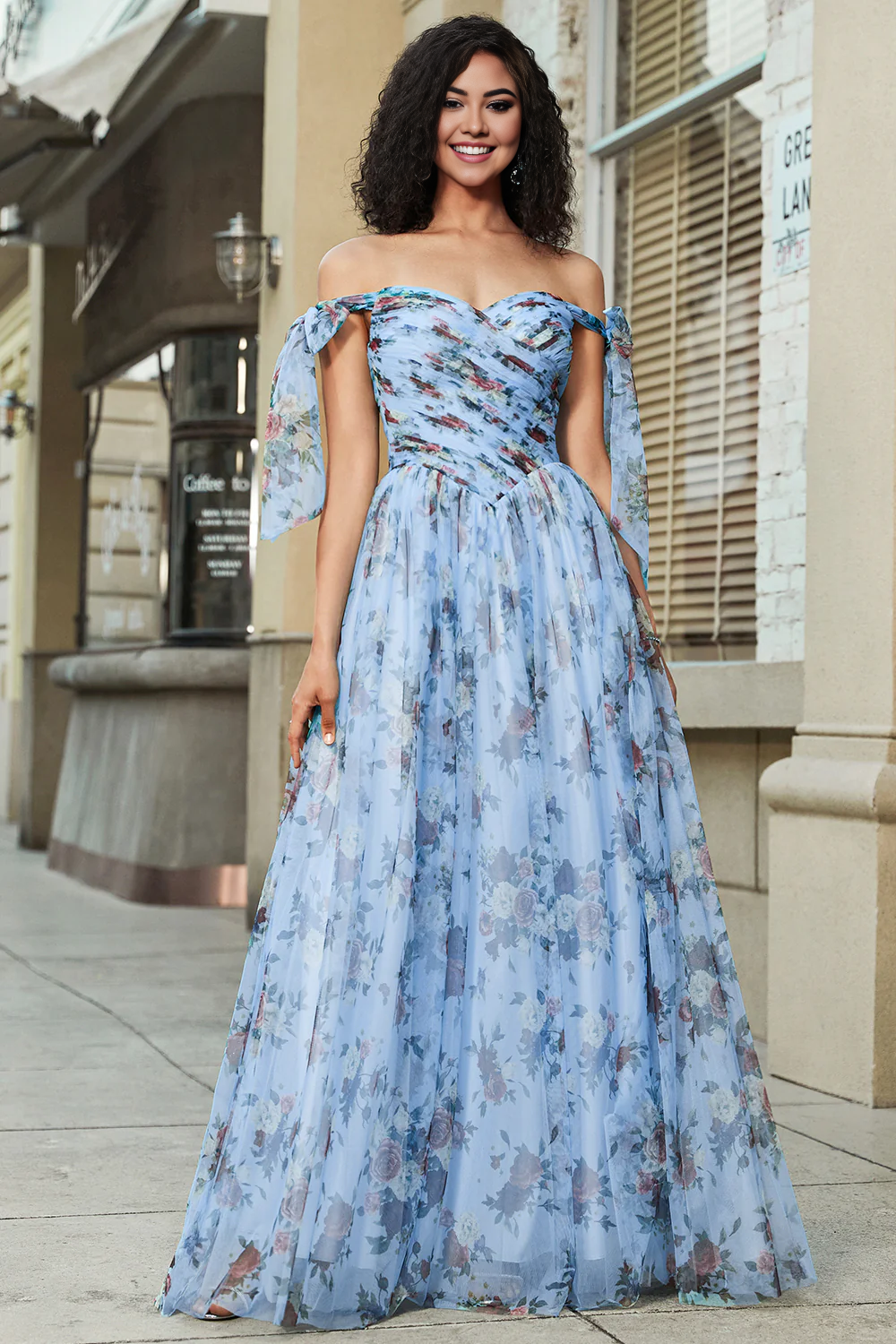 Wholesale Prom Dress A-Line Off The Shoulder Floral Print Pleated Tulle