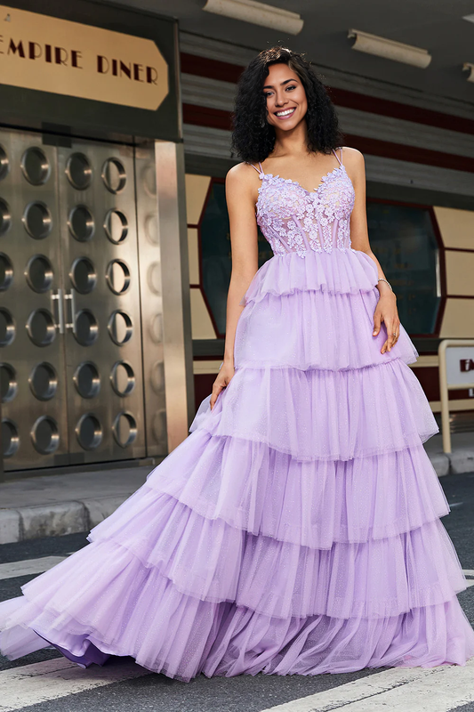 Wholesale A Line Prom Dress Elegant Lilac Tulle Tiered Corset With Appliques