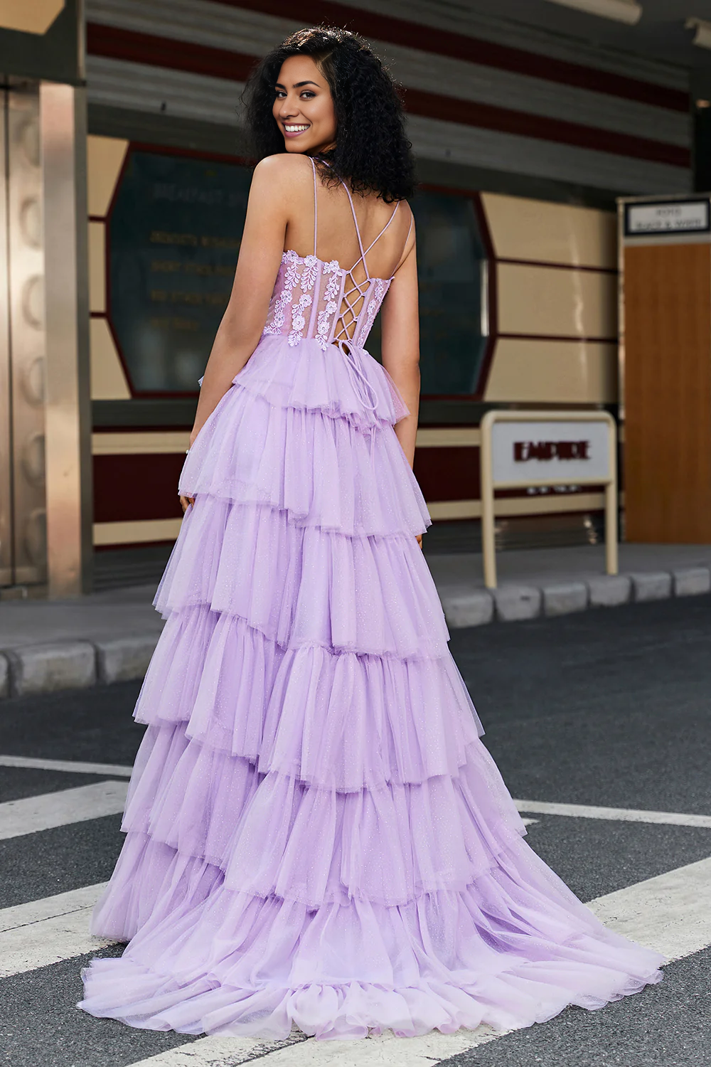 Wholesale A Line Prom Dress Elegant Lilac Tulle Tiered Corset With Appliques