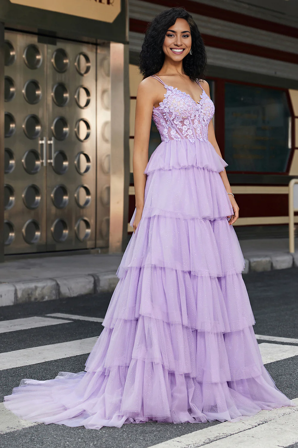 Wholesale A Line Prom Dress Elegant Lilac Tulle Tiered Corset With Appliques