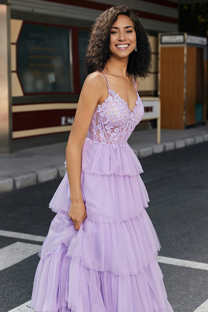 Wholesale A Line Prom Dress Elegant Lilac Tulle Tiered Corset With Appliques