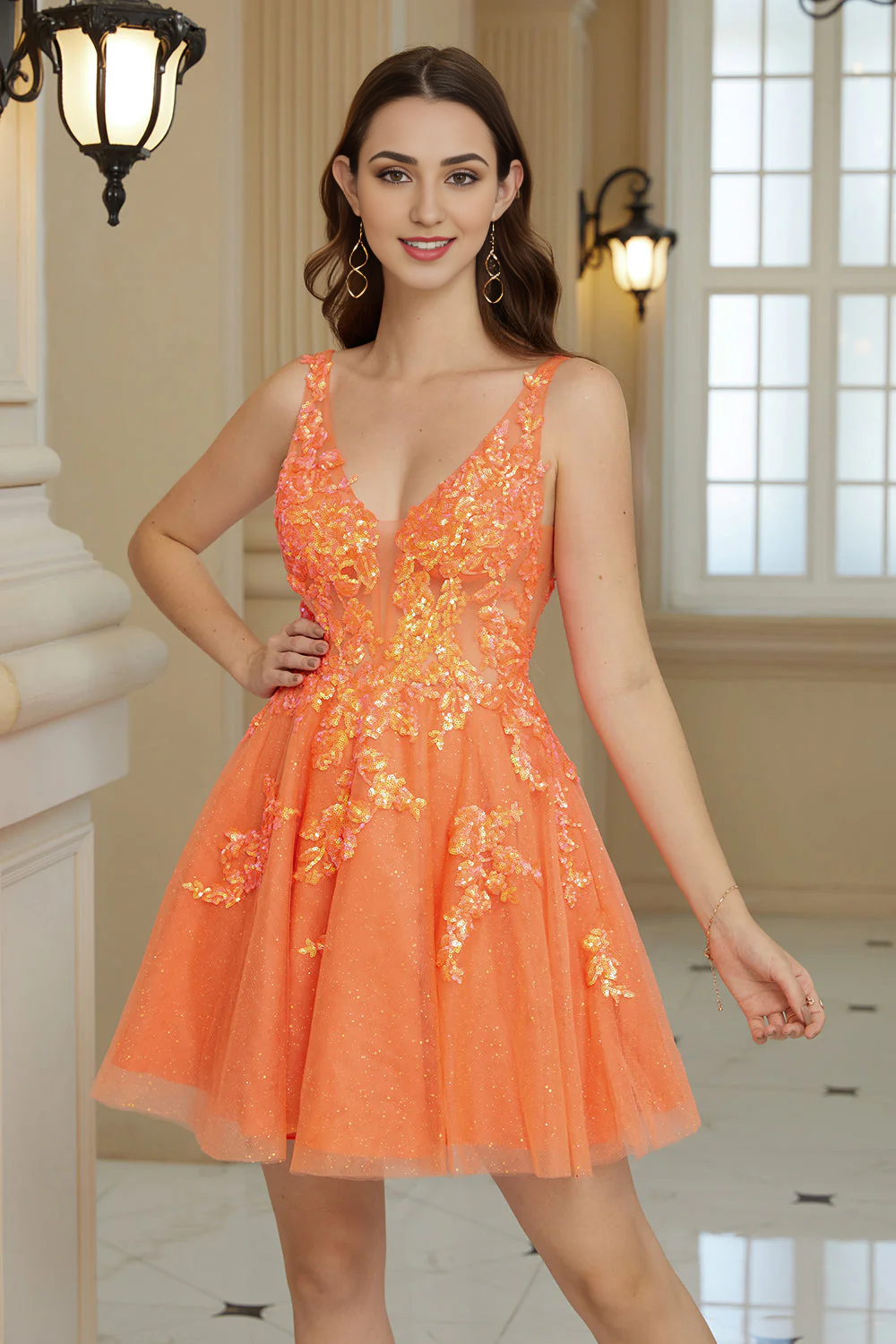 Wholesale Sparkly Short Homecoming Dress Sequined V Neck Backless