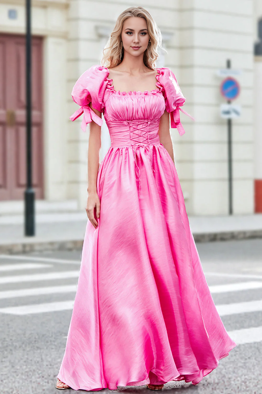 Wholesale Prom Dress A Line Square Neck Hot Pink with Puff Sleeves