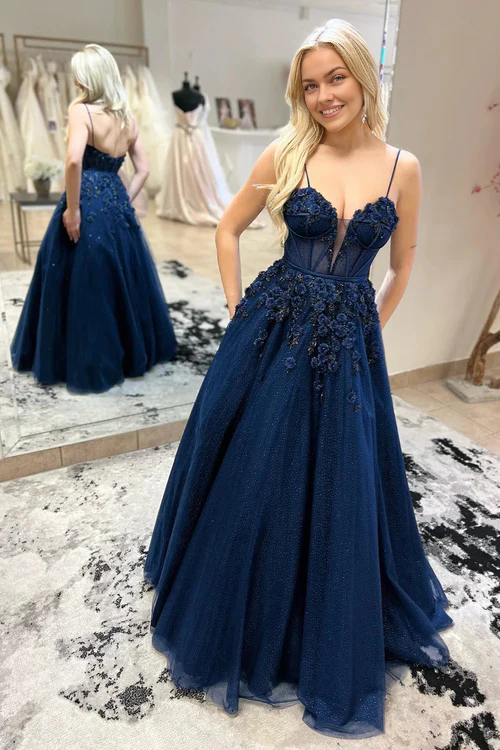 Wholesale Elegant Navy Blue Straps Plunging V Floral Beaded Long Prom Dress