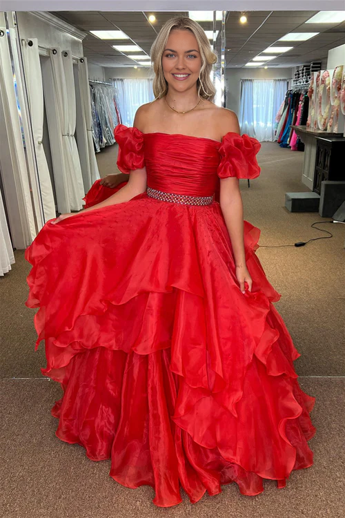 Wholesale Red Off-the-Shoulder Evening Dress Layers Beaded Tulle Long Prom Dress