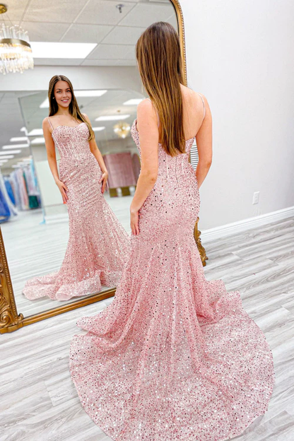 Wholesale Pink Evening Dress Sequins Mermaid Spaghetti Straps Boning Long Prom Dress