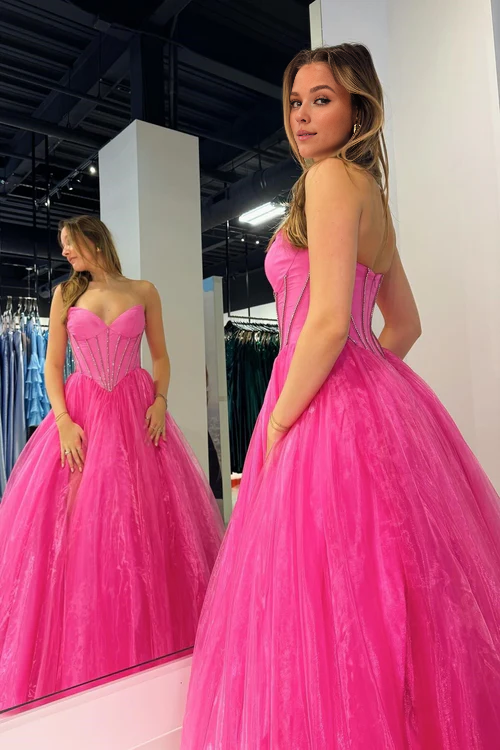 Wholesale Elegant Strapless Beaded Ball Gown with Slit in Hot Pink Prom Dresses