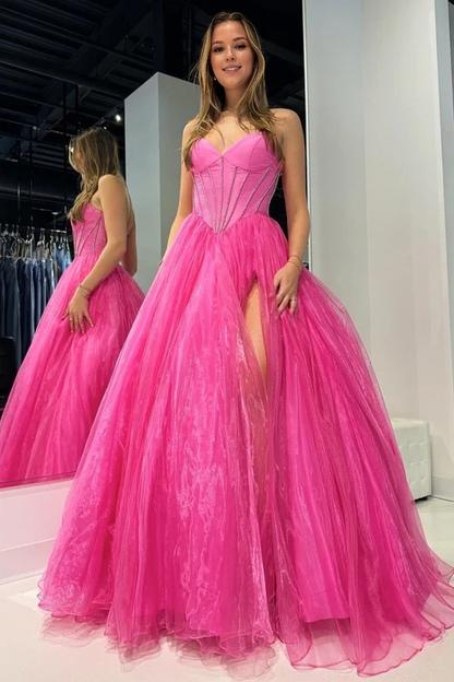 Wholesale Elegant Strapless Beaded Ball Gown with Slit in Hot Pink Prom Dresses