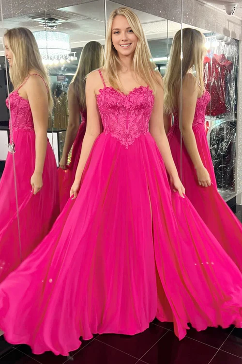 Wholesale Fashion Magenta Appliques Sweetheart A-Line Long Prom Dress with Slit