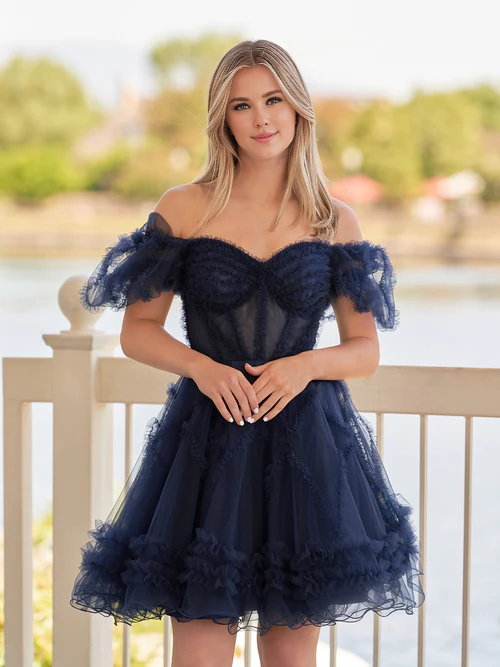 Wholesale A Line Short Homecoming Dress Sweetheart Puff Sleeves Graduation Dresses With Ruffles