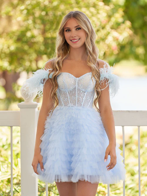 Wholesale A Line Graduation Dresses Off the Shoulder Sky Blue Homecoming Dress with Feather