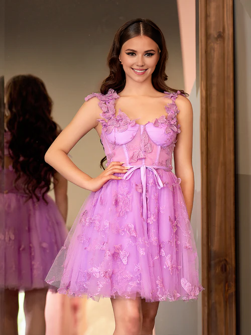 Wholesale A Line Graduation Dresses Short Tulle Lilac Homecoming Dress with 3D Butterflies