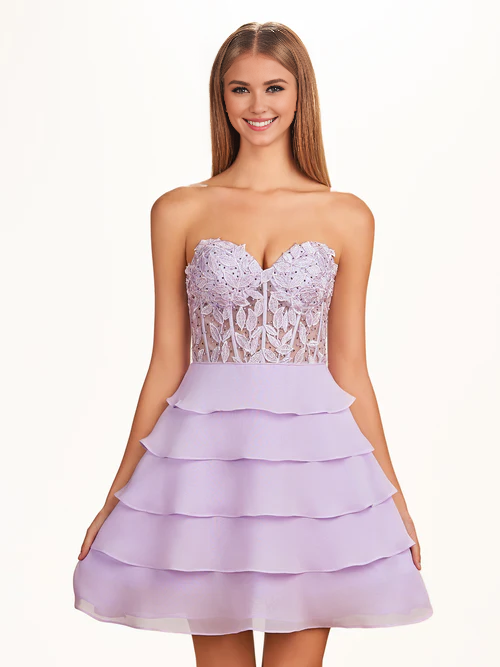 Wholesale A-Line Graduation Dresses Strapless Tiered Corset Short Homecoming Dress with Appliques