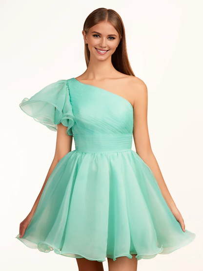 Wholesale Ivory A-line Graduation Dresses One Shoulder Organza Ruffled Homecoming Dress