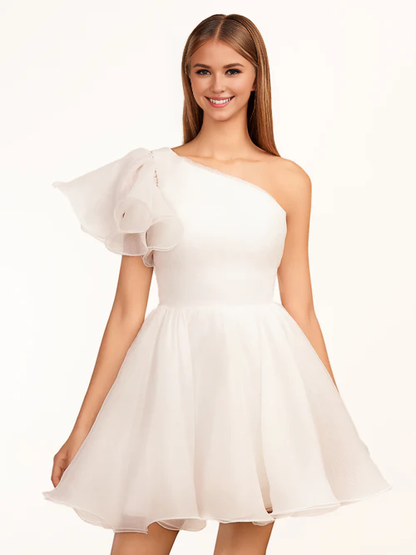 Wholesale Ivory A-line Graduation Dresses One Shoulder Organza Ruffled Homecoming Dress