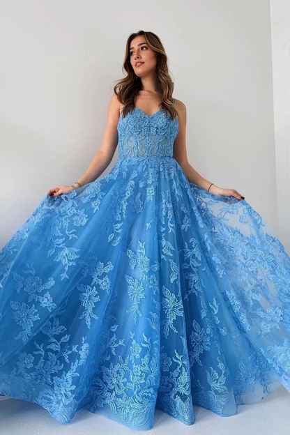 Wholesale Elegant Blue Evening Dress Spaghetti Straps Tulle Appliques Long Prom Dresses