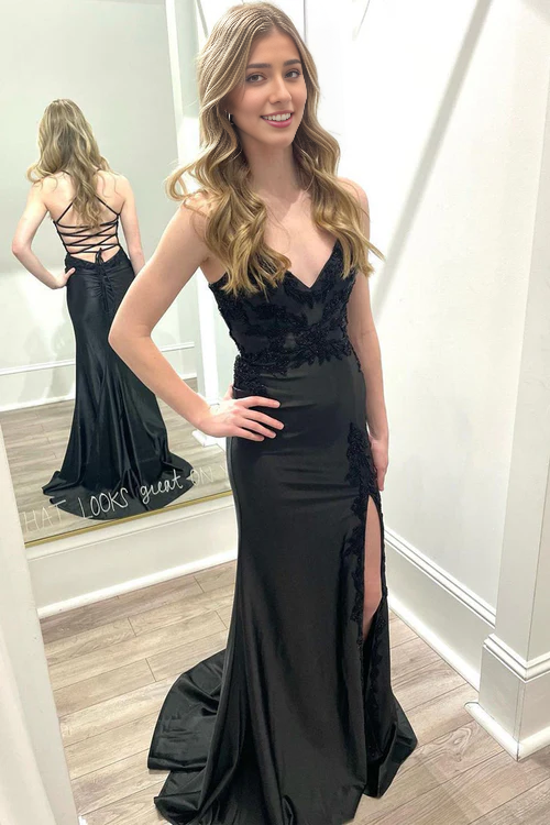 Wholesale Black V Neck Evening Dress Satin Mermaid Long Prom Dresses with Slit