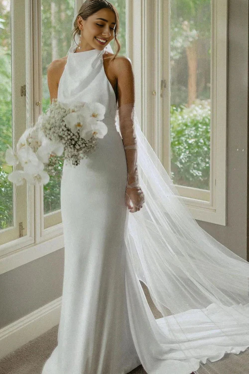 Wholesale Elegant Mermaid White Halter Satin Wedding Dresses