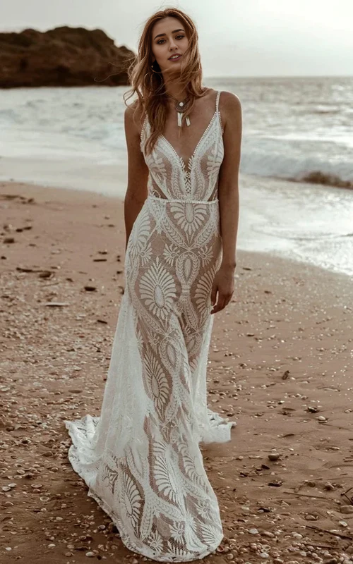 Wholesale Beach Floral Mermaid Plunging Boho Lace Wedding Dress with Sweep Train