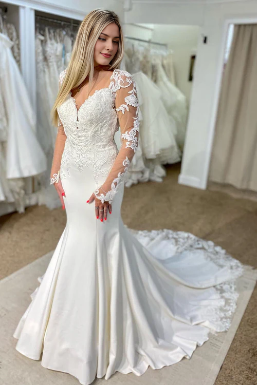 Wholesale Elegant White V-Neck Mermaid Long Wedding Dress with Lace