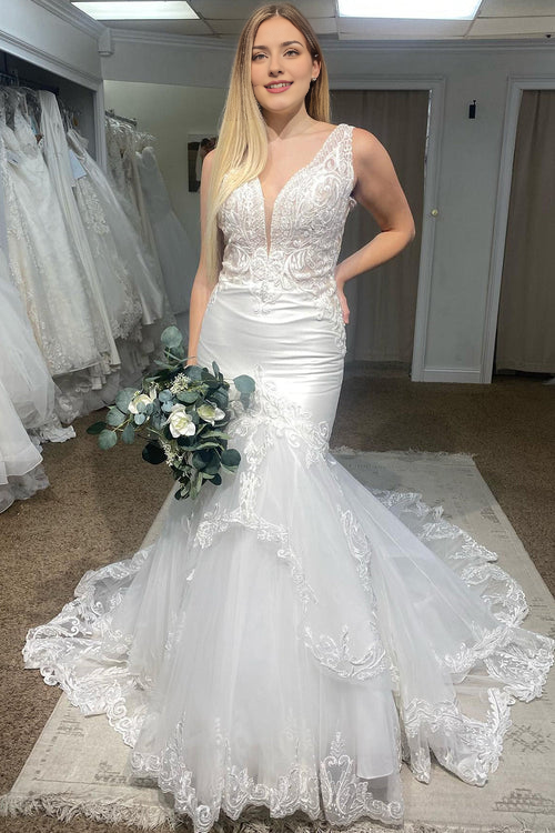 Wholesale Elegant Deep V-Neck Mermaid White Long Wedding Dress with Lace