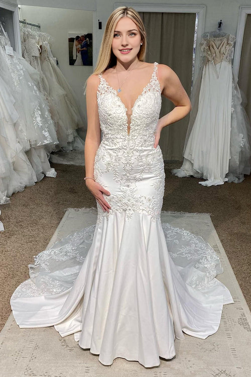 Wholesale Elegant White Deep V-Neck Mermaid Long Wedding Dress with Appliques